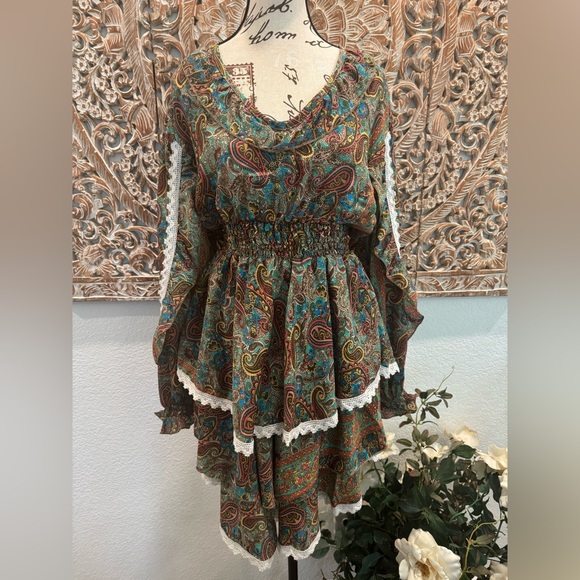 Pink and Silver Gypsy Bohemian Asymmetrical Layered Midi Dress w/ Crochet Trim - Picture 2 of 16